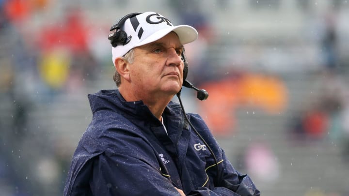 CHARLOTTESVILLE, VA – NOVEMBER 4: Head coach Paul Johnson of the Georgia Tech Yellow Jackets watches a replay in the first quarter during a game against the Georgia Tech Yellow Jackets at Scott Stadium on November 4, 2017 in Charlottesville, Virginia. (Photo by Ryan M. Kelly/Getty Images)