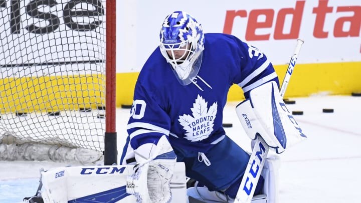 TORONTO, ON – APRIL 15: Toronto Maple Leafs Goalie Michael Hutchinson (30) in warmups prior to Game 3 of the First round NHL Playoffs between the Boston Bruins and Toronto Maple Leafs on April 15, 2019 at Scotiabank Arena in Toronto, ON.(Photo by Gerry Angus/Icon Sportswire via Getty Images)