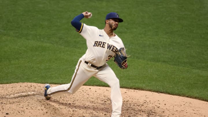 MILWAUKEE, WISCONSIN - AUGUST 24: Devin Williams #38 of the Milwaukee Brewers pitches in the seventh inning against the Cincinnati Reds at Miller Park on August 24, 2020 in Milwaukee, Wisconsin. (Photo by Dylan Buell/Getty Images)