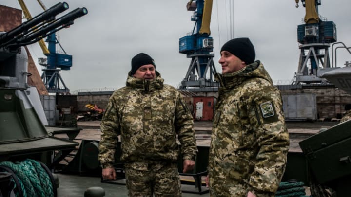 MARIUPOL, UKRAINE - NOVEMBER 28: Ukrainian sea border security force officers mobilise on the Azov Sea on November 28, 2018 in Mariupol, Ukraine. Ukrainain President Poroshenko has declared martial law in response to the attacking and seizing of three Ukrainian naval vessels by Russian forces. (Photo by Martyn Aim/Getty Images)