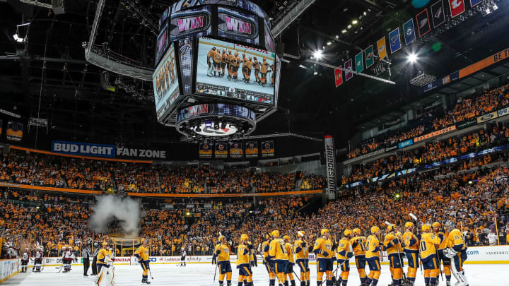 NASHVILLE, TN – APRIL 14: The Nashville Predators celebrate a 5-4 win against the Colorado Avalanche in Game Two of the Western Conference First Round during the 2018 NHL Stanley Cup Playoffs at Bridgestone Arena on April 14, 2018 in Nashville, Tennessee. (Photo by John Russell/NHLI via Getty Images)