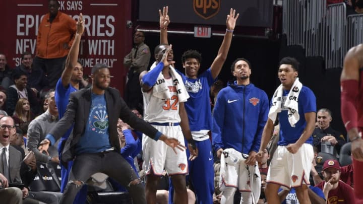 CLEVELAND, OH - FEBRUARY 11: New York Knicks react form the bench during the game against the Cleveland Cavaliers on February 11, 2019 at Quicken Loans Arena in Cleveland, Ohio. NOTE TO USER: User expressly acknowledges and agrees that, by downloading and/or using this photograph, user is consenting to the terms and conditions of the Getty Images License Agreement. Mandatory Copyright Notice: Copyright 2019 NBAE (Photo by David Liam Kyle/NBAE via Getty Images)