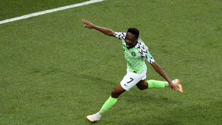VOLGOGRAD, RUSSIA - JUNE 22: Ahmed Musa of Nigeria celebrates after scoring his team's second goal during the 2018 FIFA World Cup Russia group D match between Nigeria and Iceland at Volgograd Arena on June 22, 2018 in Volgograd, Russia. (Photo by Kevin C. Cox/Getty Images)