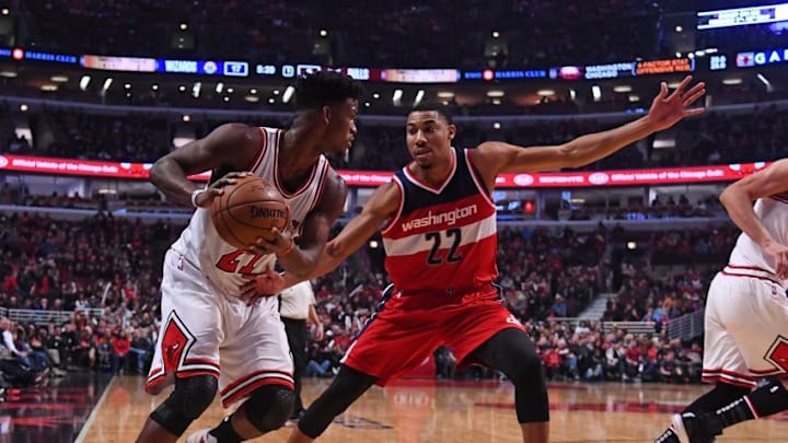 Nov 12, 2016; Chicago, IL, USA; Chicago Bulls forward Jimmy Butler (21) moves the ball against Washington Wizards forward Otto Porter Jr. (22) during the first half at the United Center. Mandatory Credit: Mike DiNovo-USA TODAY Sports