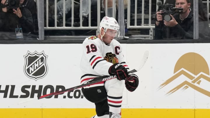 SAN JOSE, CALIFORNIA - OCTOBER 15: Jonathan Toews #19 of the Chicago Blackhawks celebrates after scoring a goal against the San Jose Sharks in the second period of an NHL Hockey game at SAP Center on October 15, 2022 in San Jose, California. (Photo by Thearon W. Henderson/Getty Images)