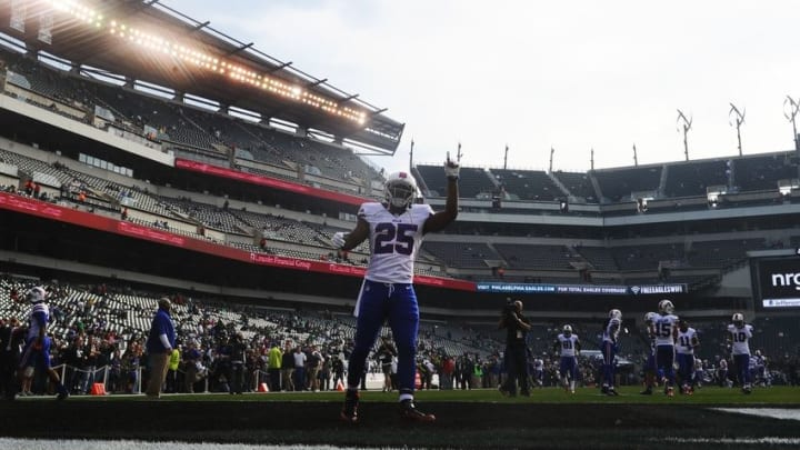 Dec 13, 2015; Philadelphia, PA, USA; Buffalo Bills running back LeSean McCoy reacts to the fans during pregame warmups before the start of the game against the Philadelphia Eagles at Lincoln Financial Field. Mandatory Credit: James Lang-USA TODAY Sports