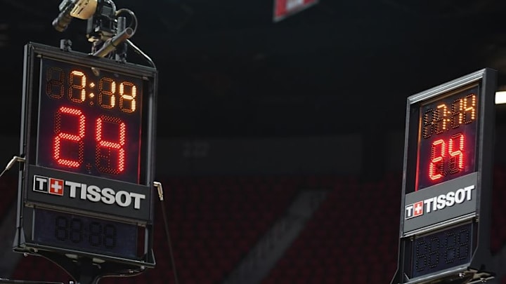 Jul 8, 2016; Las Vegas, NV, USA; Swiss watch maker Tissot debuts new shot clock technology on the first day of the NBA Summer League at Thomas & Mack Center that is to be standard in all NBA arenas for the upcoming season. Mandatory Credit: Stephen R. Sylvanie-USA TODAY Sports