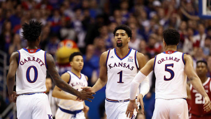LAWRENCE, KANSAS - JANUARY 02: Dedric Lawson #1 of the Kansas Jayhawks is congratulated by teammates after scoring during the game against the Oklahoma Sooners at Allen Fieldhouse on January 02, 2019 in Lawrence, Kansas. (Photo by Jamie Squire/Getty Images)