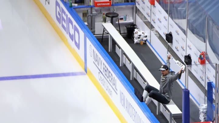 Marc-Andre Fleury #29 of the Vegas Golden Knights sits on the bench prior to the game against the Dallas Stars in Game One