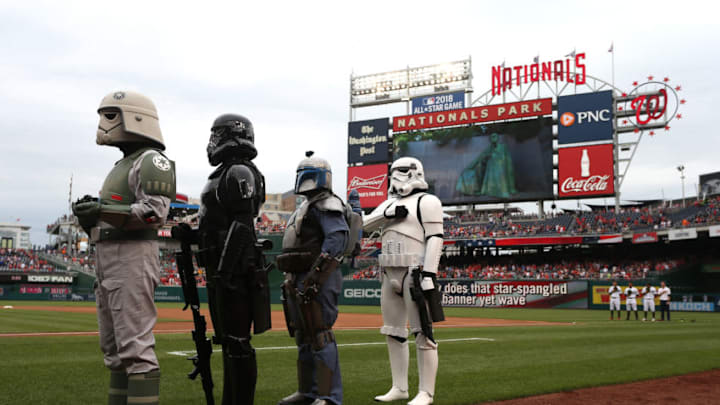 WASHINGTON, DC - MAY 27: Characters from the Star Wars franchise stand for the playing of the national anthem during Star Wars Day at Nationals Park prior to a game between the San Diego Padres and the Washington Nationals on May 27, 2017 in Washington, DC. (Photo by Matt Hazlett/Getty Images)