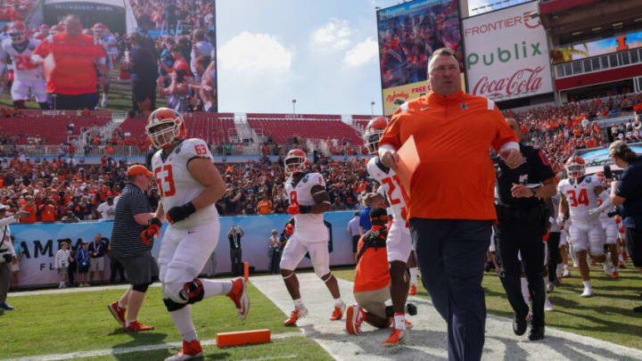 Jan 2, 2023; Tampa, FL, USA; Illinois Fighting Illini head coach Bret Bielema takes the field fro the the 2023 ReliaQuest Bowl against the Mississippi State Bulldogs at Raymond James Stadium. Mandatory Credit: Nathan Ray Seebeck-USA TODAY Sports