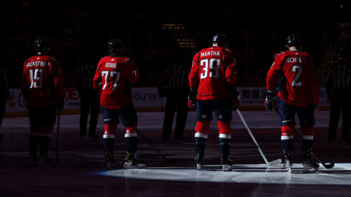 Nicklas Backstrom, T.J. Oshie, Anthony Mantha, Justin Schultz, Washington Capitals (Photo by Scott Taetsch/Getty Images)