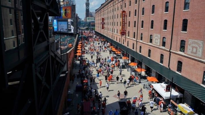 Jun 01, 2013; Baltimore, MD, USA; General view of Eutaw Street and the Warehouse at Oriole Park at Camden Yards, home of the Baltimore Orioles. Mandatory Credit: Joy R. Absalon-USA TODAY Sports