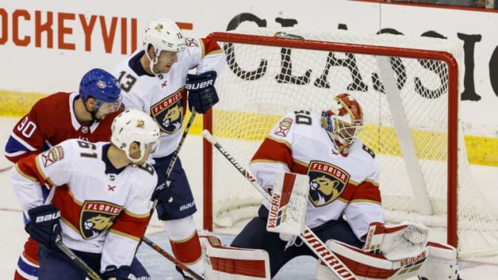 BATHURST, NEW BRUNSWICK - SEPTEMBER 18: Chris Driedger #60 of the Florida Panthers makes a save against the Montreal Canadiens during the second period at the K.C. Irving Regional Centre on September 18, 2019 in Bathurst, New Brunswick, Canada. (Photo by Dave Sandford/NHLI via Getty Images)