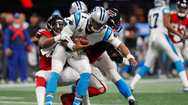 ATLANTA, GA – DECEMBER 31: Cam Newton #1 of the Carolina Panthers is sacked by Takkarist McKinley #98 of the Atlanta Falcons during the second half at Mercedes-Benz Stadium on December 31, 2017 in Atlanta, Georgia. (Photo by Kevin C. Cox/Getty Images)