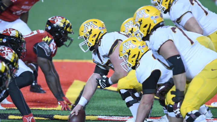 COLLEGE PARK, MD – OCTOBER 30: John Michael Schmitz #60 of the Minnesota Golden Gophers in position during a college football game against the Maryland Terrapins on October 30, 2020 at Capital One Field at Maryland Stadium in College Park, Maryland. (Photo by Mitchell Layton/Getty Images)