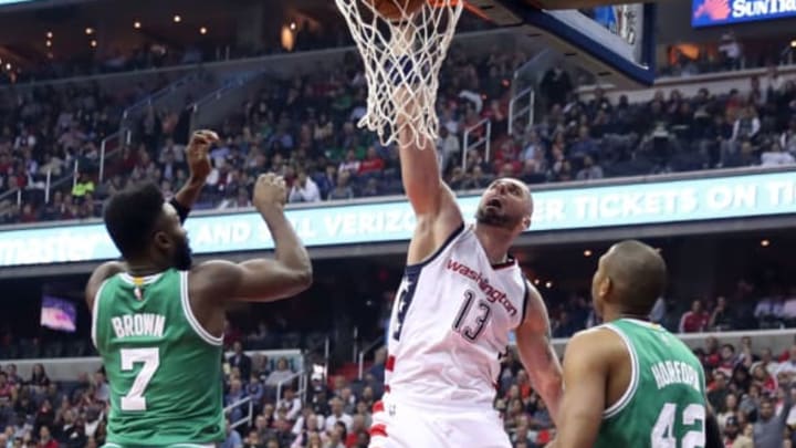 WASHINGTON, DC – MAY 12: Marcin Gortat #13 of the Washington Wizards dunks against Jaylen Brown #7 and Al Horford #42 of the Boston Celtics during Game Six of the NBA Eastern Conference Semi-Finals at Verizon Center on May 12, 2017 in Washington, DC. (Photo by Rob Carr/Getty Images)