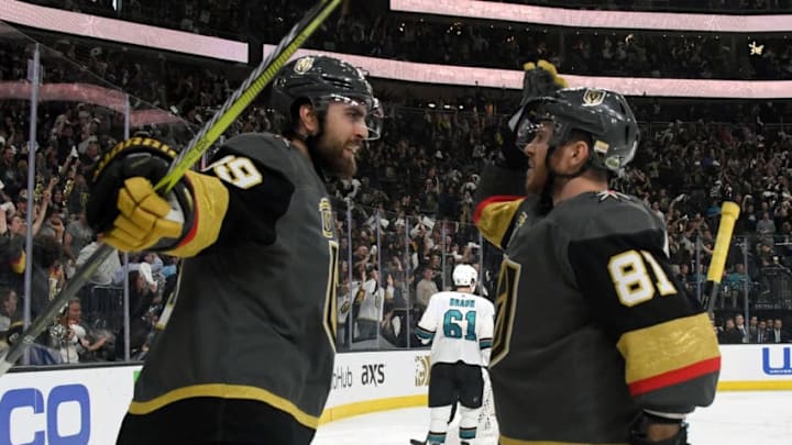 LAS VEGAS, NV - MAY 04: Alex Tuch #89 and Jonathan Marchessault #81 of the Vegas Golden Knights celebrate after Marchessault assisted Tuch on a power-play goal against the San Jose Sharks in the second period of Game Five of the Western Conference Second Round during the 2018 NHL Stanley Cup Playoffs at T-Mobile Arena on May 4, 2018 in Las Vegas, Nevada. (Photo by Ethan Miller/Getty Images)