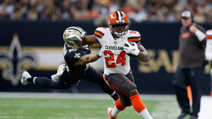 NEW ORLEANS, LA – SEPTEMBER 16: Nick Chubb #24 of the Cleveland Browns runs the ball as Kurt Coleman #29 of the New Orleans Saints defends during the fourth quarter at Mercedes-Benz Superdome on September 16, 2018 in New Orleans, Louisiana. (Photo by Jonathan Bachman/Getty Images)