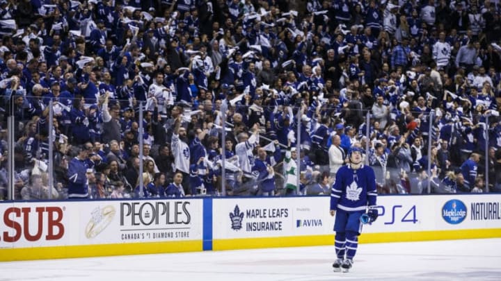 TORONTO, ON - APRIL 21: Mitch Marner #16 of the Toronto Maple Leafs skates during the third period against the Boston Bruins during Game Six of the Eastern Conference First Round during the 2019 NHL Stanley Cup Playoffs at the Scotiabank Arena on April 21, 2019 in Toronto, Ontario, Canada. (Photo by Kevin Sousa/NHLI via Getty Images)