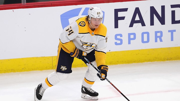 CHICAGO, ILLINOIS – APRIL 23: Mikael Granlund #64 of the Nashville Predators . (Photo by Jonathan Daniel/Getty Images)