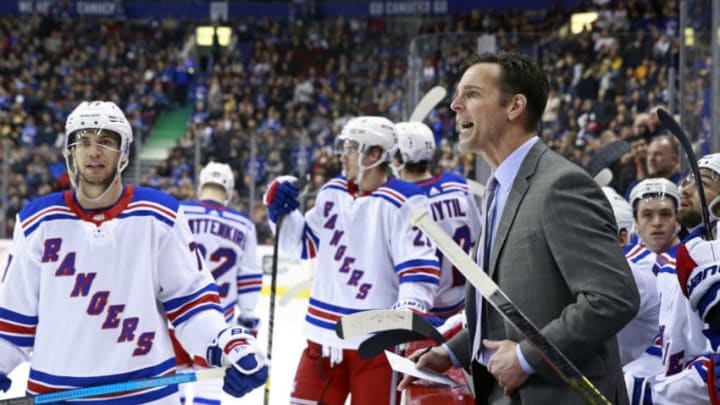VANCOUVER, BC - MARCH 13: Head coach David Quinn of the New York Rangers yells from the bench during their NHL game against the New York Rangers at Rogers Arena March 13, 2019 in Vancouver, British Columbia, Canada. Vancouver won 4-1. (Photo by Jeff Vinnick/NHLI via Getty Images)