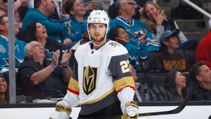 SAN JOSE, CA - SEPTEMBER 21: Shea Theodore #27 of the Vegas Golden Knights looks on during the game against the San Jose Sharks at SAP Center on September 21, 2017 in San Jose, California. (Photo by Rocky W. Widner/NHL/Getty Images)