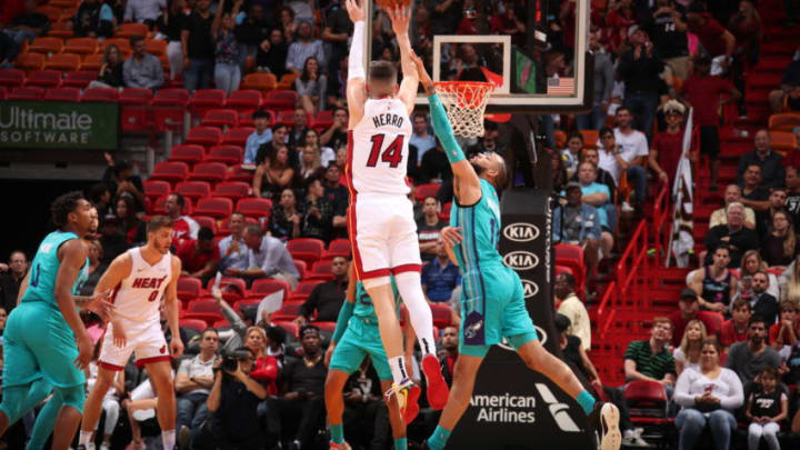 Tyler Herro #14 of the Miami Heat shoots the ball against the Charlotte Hornets (Photo by Issac Baldizon/NBAE via Getty Images)