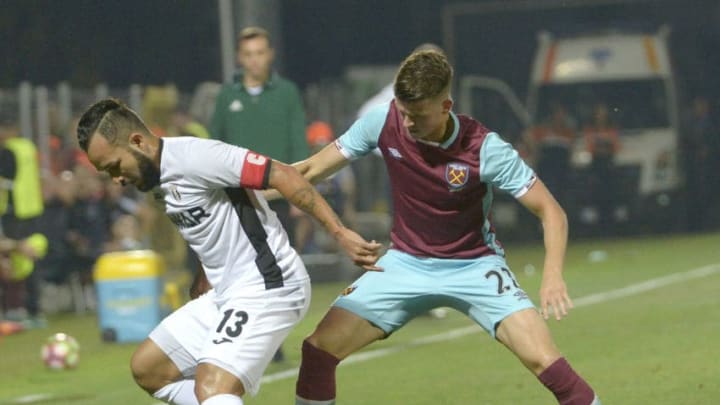 GIURGIU, ROMANIA - AUGUST 18: Sam Byram of West Ham United in action during the UEFA Europa League Play-Off First Leg against FC Astra Giurgiu at Marin Anastasovici Stadium on August 18, 2016 in Giurgiu, Romania . (Photo by Arfa Griffiths/West Ham United via Getty Images)