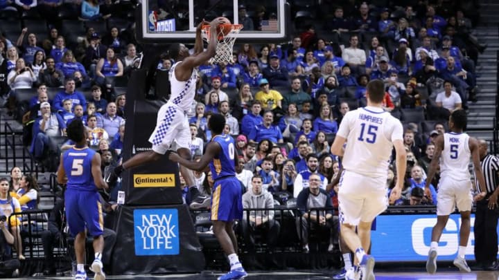 Dec 11, 2016; Brooklyn, NY, USA; Kentucky Wildcats forward Edrice Adebayo (3) dunks during the second half against the Hofstra Pride at Barclays Center. Kentucky Wildcats won 96-73. Mandatory Credit: Anthony Gruppuso-USA TODAY Sports
