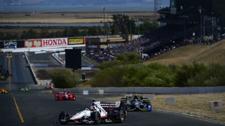 SONOMA, CA - AUGUST 30: Will Power of Australia driver of the #1 Team Penekse Chevrolet Dallara leads a pack of cars during the Verizon IndyCar Series GoPro Grand Prix of Sonoma at Sonoma Raceway on August 30, 2015 in Sonoma, California. (Photo by Robert Laberge/Getty Images)