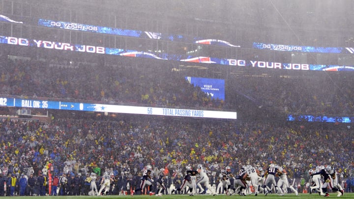 FOXBOROUGH, MASSACHUSETTS – NOVEMBER 24: A general view as rain falls during the first half in the game between the Dallas Cowboys and the New England Patriots at Gillette Stadium on November 24, 2019 in Foxborough, Massachusetts. (Photo by Kathryn Riley/Getty Images)