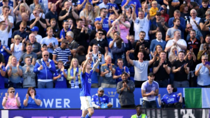 LEICESTER, ENGLAND - SEPTEMBER 21: James Maddison of Leicester City (10) celebrates as he scores his team's second goal during the Premier League match between Leicester City and Tottenham Hotspur at The King Power Stadium on September 21, 2019 in Leicester, United Kingdom. (Photo by Laurence Griffiths/Getty Images)