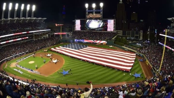 Oct 25, 2016; Cleveland, OH, USA; General view during the playing of the national anthem before game one of the 2016 World Series between the Chicago Cubs and the Cleveland Indians at Progressive Field. Mandatory Credit: David Richard-USA TODAY Sports