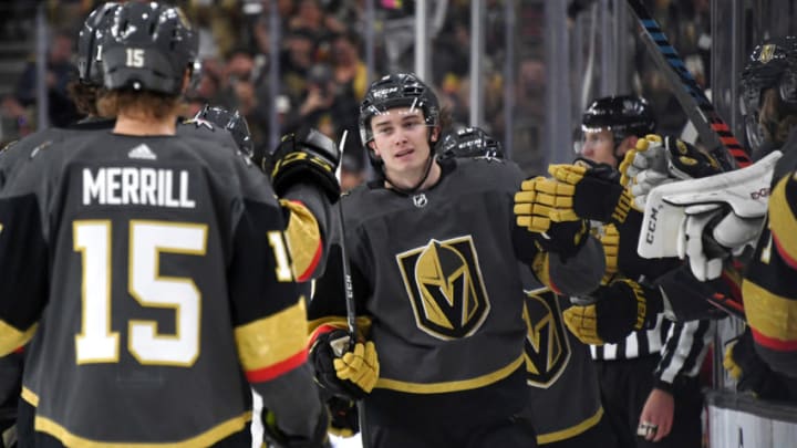 LAS VEGAS, NEVADA - OCTOBER 12: Cody Glass #9 of the Vegas Golden Knights celebrates with teammates after scoring a third-period goal against the Calgary Flames during their game at T-Mobile Arena on October 12, 2019 in Las Vegas, Nevada. The Golden Knights defeated the Flames 6-2. (Photo by Ethan Miller/Getty Images)