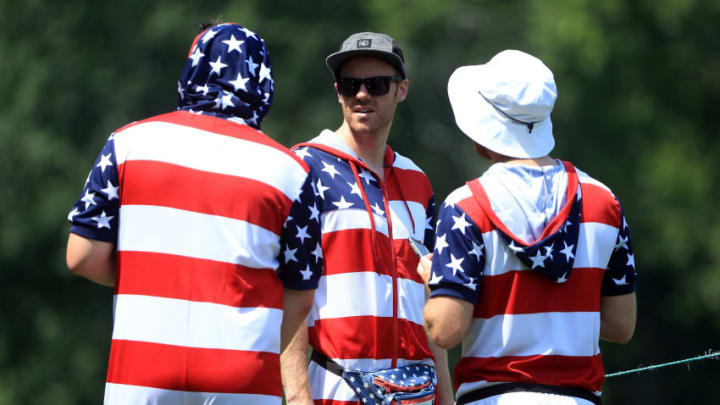 POTOMAC, MD - JUNE 30: Fans in American flag outfits look on during the third round of the Quicken Loans National at TPC Potomac on June 30, 2018 in Potomac, Maryland. (Photo by Sam Greenwood/Getty Images)