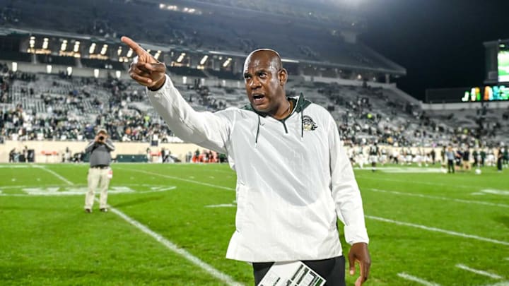 Michigan State head coach Mel Tucker lets the student section know he appreciates them supporting the team after the Spartans beat Western Kentucky on Saturday, Oct. 2, 2021, at Spartan Stadium in East Lansing.211002 Msu Wku Fb 220a