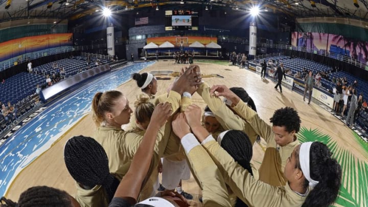 MIAMI, FL - DECEMBER 16: FIU's team gathers on the court prior to the game as the University of Miami Hurricanes defeated the FIU Golden Panthers, 69-49, on December 16, 2016, at FIU Arena in Miami, Florida. (Photo by Samuel Lewis/Icon Sportswire via Getty Images)