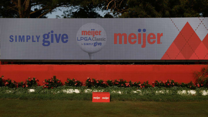 GRAND RAPIDS, MICHIGAN – JUNE 18: General view of signage on the 18th tee during the final round of the Meijer LPGA Classic for Simply Give at Blythefield Country Club on June 18, 2023 in Grand Rapids, Michigan. (Photo by David Berding/Getty Images)