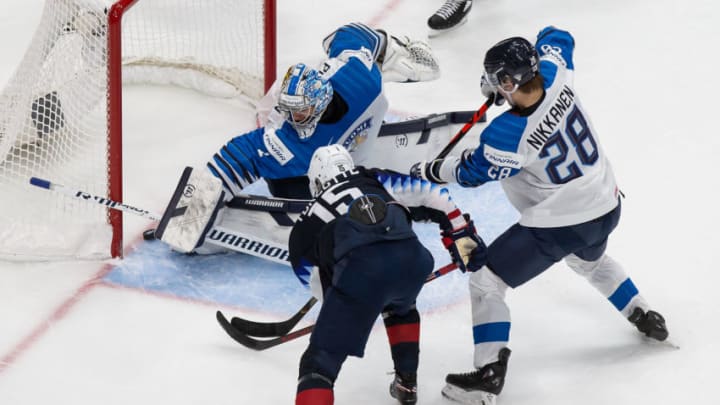 EDMONTON, AB - JANUARY 04: Alex Turcotte #15 of the United States scores a goal against goaltender Kari Piiroinen #1 of Finland during the 2021 IIHF World Junior Championship semifinals at Rogers Place on January 4, 2021 in Edmonton, Canada. (Photo by Codie McLachlan/Getty Images)
