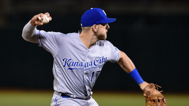 Kansas City Royals third baseman Hunter Dozier (17) (Photo by Cody Glenn/Icon Sportswire via Getty Images)