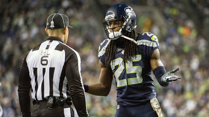 Nov 7, 2016; Seattle, WA, USA; Seattle Seahawks cornerback Richard Sherman (25) talks to an official during the second quarter at CenturyLink Field. Mandatory Credit: Troy Wayrynen-USA TODAY Sports