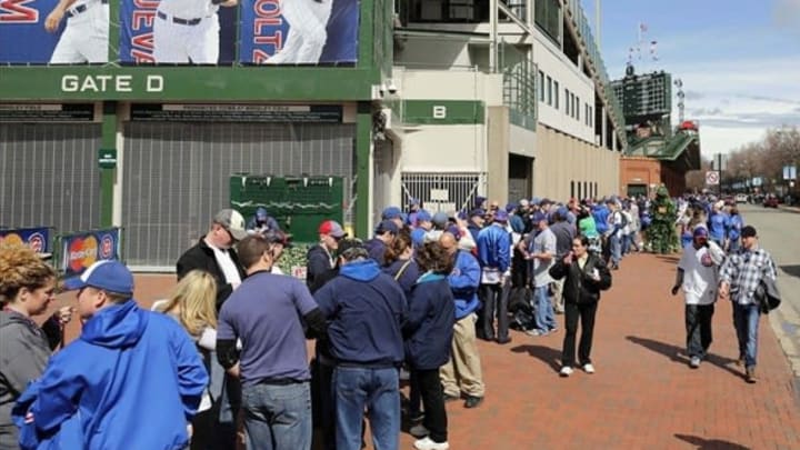 Apr 8, 2013; Chicago, IL, USA; A general shot as fans arrive outside of Wrigley Field prior to a game between the Chicago Cubs and the Milwaukee Brewers. Mandatory Credit: Dennis Wierzbicki-USA TODAY Sports