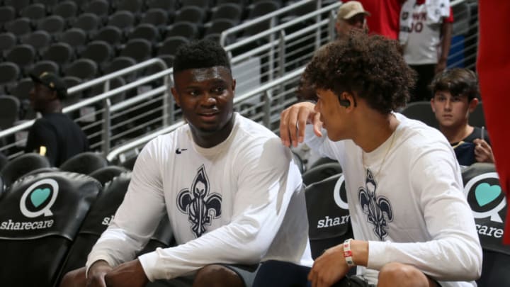 ATLANTA, GA - OCTOBER 7: Zion Williamson #1, and Jaxson Hayes #10 of the New Orleans Pelicans talk before a pre-season game against the Atlanta Hawks on October 7, 2019 at State Farm Arena in Atlanta, Georgia. NOTE TO USER: User expressly acknowledges and agrees that, by downloading and/or using this Photograph, user is consenting to the terms and conditions of the Getty Images License Agreement. Mandatory Copyright Notice: Copyright 2019 NBAE (Photo by Layne Murdoch Jr./NBAE via Getty Images)