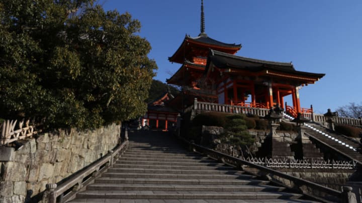 KYOTO, JAPAN - JANUARY 18: Deserted stairs are seen at a Kiyomizu Temple, normally crowded with tourists, on January 18, 2021 in Kyoto, Japan. Kyoto, along with a Osaka and several other prefectures, was brought under a state of emergency last week by the Japanese government as they grapple to contain the third, and most virulent, wave of Covid-19 coronavirus to hit the country. (Photo by Buddhika Weerasinghe/Getty Images)