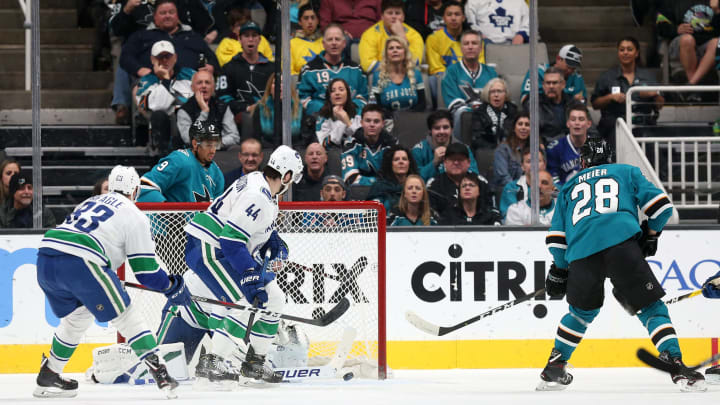 SAN JOSE, CALIFORNIA – FEBRUARY 16: Timo Meier #28 of the San Jose Sharks scores a goal on Jacob Markstrom #25 of the Vancouver Canucks in the first period at SAP Center on February 16, 2019 in San Jose, California. (Photo by Ezra Shaw/Getty Images)