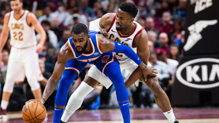 CLEVELAND, OH - DECEMBER 12: Tim Hardaway Jr. #3 of the New York Knicks gets pressure from David Nwaba #12 of the Cleveland Cavaliers during the second half at Quicken Loans Arena on December 12, 2018 in Cleveland, Ohio. The Cavaliers defeated the Nicks 113-106. NOTE TO USER: User expressly acknowledges and agrees that, by downloading and/or using this photograph, user is consenting to the terms and conditions of the Getty Images License Agreement. (Photo by Jason Miller/Getty Images)