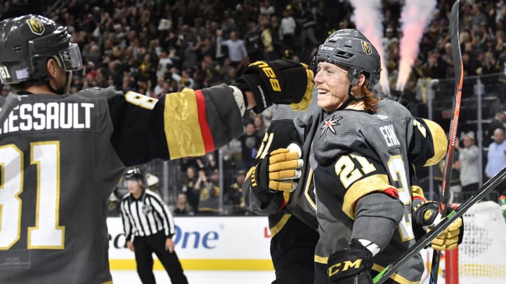 LAS VEGAS, NEVADA – NOVEMBER 17: Cody Eakin #21 of the Vegas Golden Knights celebrates after scoring a goal during the third period against the Calgary Flames at T-Mobile Arena on November 17, 2019 in Las Vegas, Nevada. (Photo by Jeff Bottari/NHLI via Getty Images)