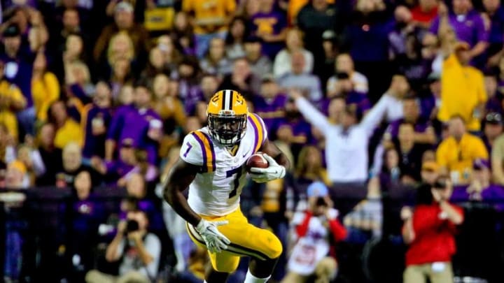 Oct 22, 2016; Baton Rouge, LA, USA; LSU Tigers running back Leonard Fournette (7) runs against the Mississippi Rebels during the second quarter of a game at Tiger Stadium. Mandatory Credit: Derick E. Hingle-USA TODAY Sports