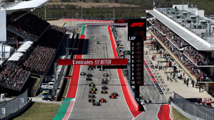 AUSTIN, TEXAS - NOVEMBER 03: Valtteri Bottas driving the (77) Mercedes AMG Petronas F1 Team Mercedes W10 leads the field into turn one at the start during the F1 Grand Prix of USA at Circuit of The Americas on November 03, 2019 in Austin, Texas. (Photo by Mark Thompson/Getty Images)